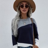 Women Knitted Loose OL Commuter Round Neck Striped Sweater Women