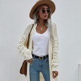 Women Pure Color Medium Length Hollowed Out Knit Cardigan
