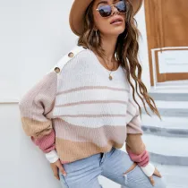 Women Color Matching Crew Neck Knitted Pullover Sweater Tops