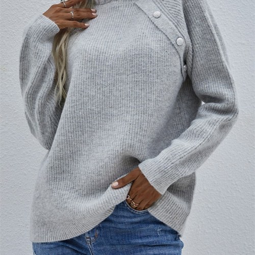 Women Pullover Loose Button V Neck Sweater Lotus Leaf-Neck Sweater