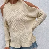 Women Pure Color Off Shoulder Knit Long-Sleeved Thick Needle Round Neck Sweater