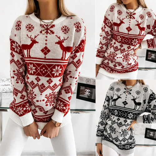 Women Ugly Christmas Elk Snow Jacquard knitted Pullover Sweater Tops
