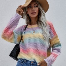 Women Pullover Striped Round Neck Sweater Loose Rainbow Sweater