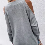 Women Pure Color Off Shoulder Knit Long-Sleeved Thick Needle Round Neck Sweater