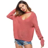 Women Deep V Neck Choker Knitted Pullover Sweater Tops