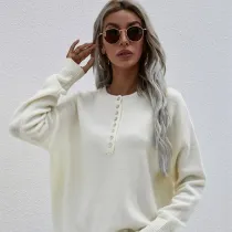 Women Pure Color Single Breasted Knitted Pullover Sweater