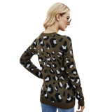 Women V Neck Leopard Knitted Pullover Sweater Tops