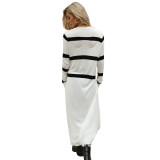 Women V Neck White and Black Striped Knit Cardigan with Button