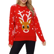 Women Ugly Christmas Sweaters Red Deer Snowflakes Pullover Loose Knitted Jumper Tops