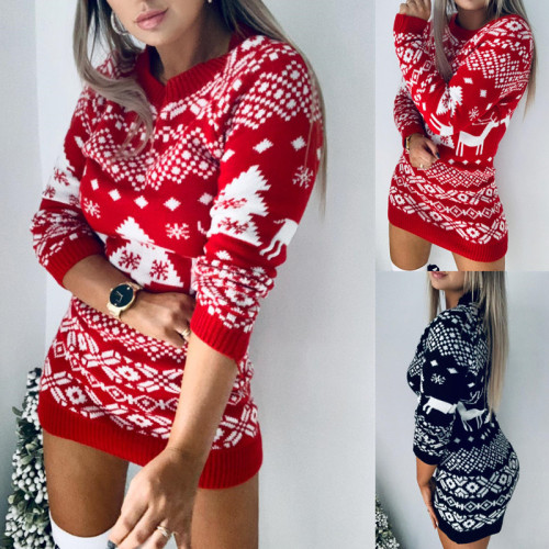 Women Christmas Deers Knitted Sweater Dress