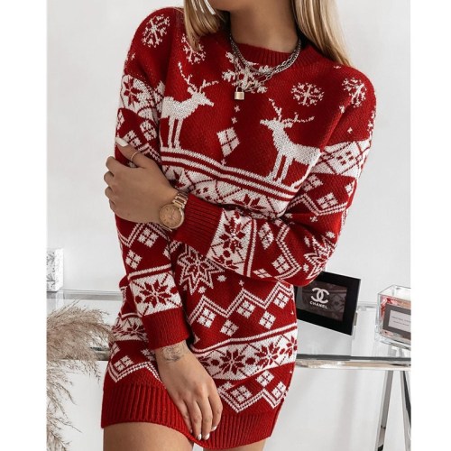 Women Elk Snow Christmas Jacquard knitted Dress