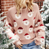 Women Red Santa Claus Head Pattern Knitted Pullover
