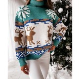 Women Ugly Christmas Elk Snowflakes Jacquard Knitted Pullover High Collar Sweater