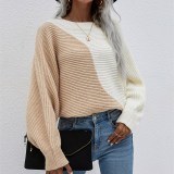 Women Bat Sleeve Color Block Round Neck Sweater Pullover Sweater