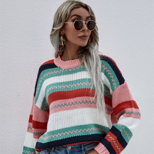 Women Rainbow Stitching Sweater Pullover Loose Sweater