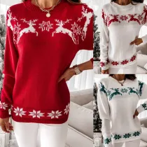 Women Christmas Elk Partial Jacquard Knitted Pullover Sweater Tops