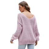 Women V Neck Pure Color Loose Knitted Pullover Sweater