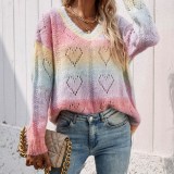 Women's Print Rainbow V Neck Pullover Knit Sweater