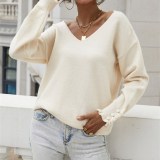 Women OL Commuter Knitted Cuff Buttons Solid Color Pullover