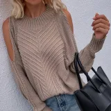 Women Pure Color Off Shoulder Knit Long-Sleeved Thick Needle Round Neck Sweater