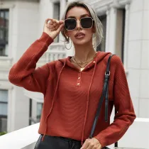 Women Button Up V Neck Pullover Hooded Knit Sweater