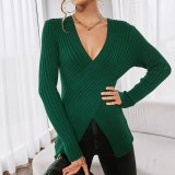 Women Pure Color OL Commuter Knit V Neck Pullover Cross Sweater
