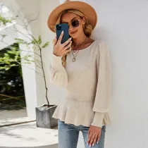 Women Ruffles Waist Lantern Knitted Sweater Top