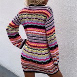 Women Sweater Rainbow Stripe Pullover Mid-Length Sweater