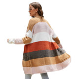 Women Matching Color Striped Knitted Long Cardigan Sweater
