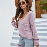Women V Neck Pure Color Loose Knitted Pullover Sweater