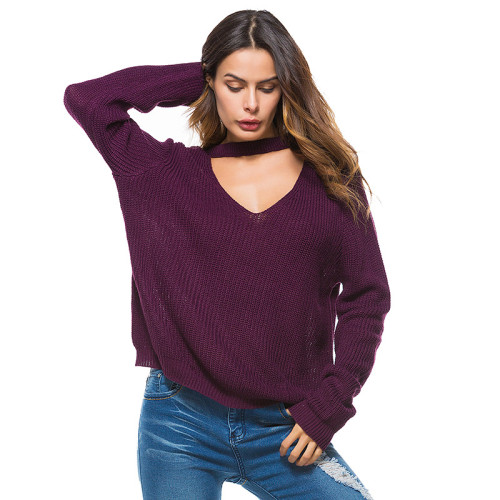 Women Deep V Neck Choker Knitted Pullover Sweater Tops