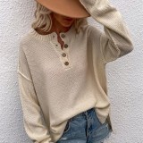 Women Solid Color Pullover V Neck Knitted Sweater