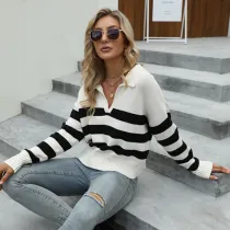 Women V NeckStriped Knitted Pullover Sweater Tops