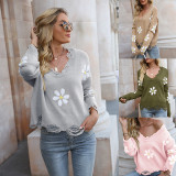 Women Flowers V Neck Loose Knitted Pullover Sweater Tops