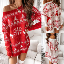 Women Ugly Christmas Snowflakes Trees Jacquard Loose Knitted Sweater