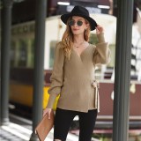Women Lace-Up V Neck Sweater Loose Knit Cardigan
