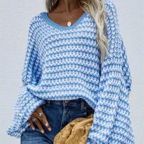 Women Casual V Neck Loose Off Shoulder Sweater