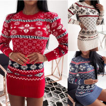 Women Christmas Printed Rhombic Knitted Dress