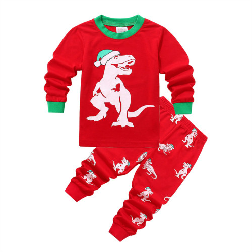 Toddler Kids Boys and Girls Christmas Pajamas Sets Red Christmas Hat Dinosaur Top And Pants