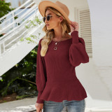 Women Ruffles Waist Lantern Knitted Sweater Top