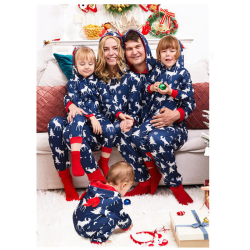 Christmas Family Matching Sleepwear Pajamas Dark Blue Deer Elk Tree Jumpsuit Sets