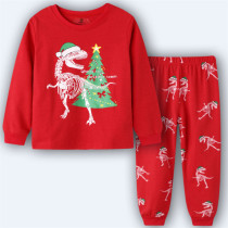Toddler Kids Boys and Girls Christmas Pajamas Sets Red Christmas Dinosaur Top and Pants