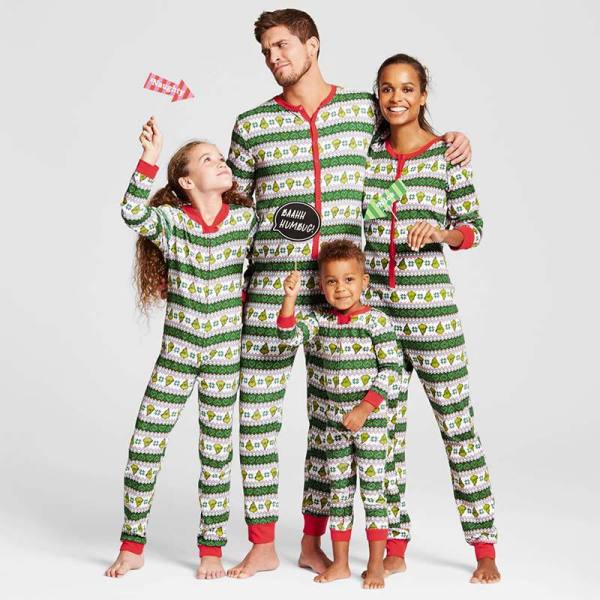 Christmas Family Matching Sleepwear Green Leafs Stripes Onesie Jumpsuit Pajamas