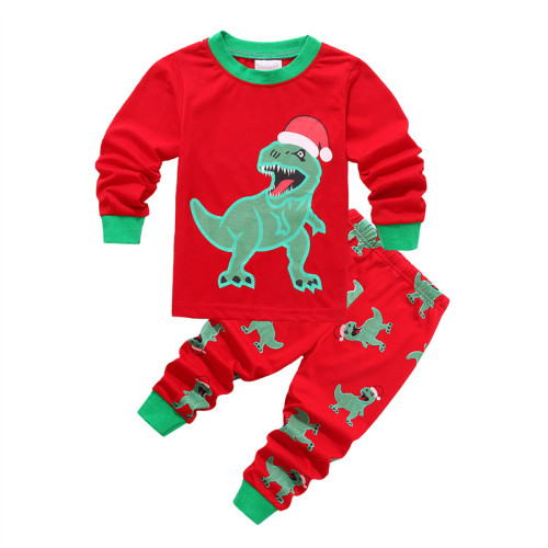 Toddler Kids Boys and Girls Christmas Pajamas Sets Green Christmas Hat Dinosaur Top And Pants