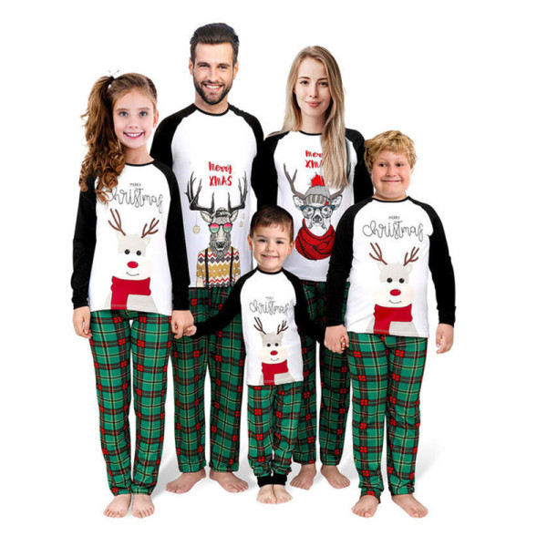 Christmas Family Matching Pajamas Christmas Deer Elk Slogan Top and Green Plaids Pant Sets