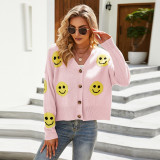 Women Emoji Smiling Face Knitted Cardigan with Buttons Sweater