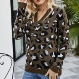 Women V Neck Leopard Knitted Pullover Sweater Tops