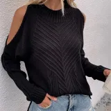 Women Pure Color Off Shoulder Knit Long-Sleeved Thick Needle Round Neck Sweater