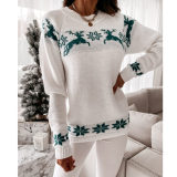 Women Christmas Elk Partial Jacquard Knitted Pullover Sweater Tops