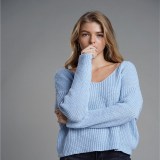 Women Knit Sweater Round Neck Pullover Open Back Cross Sweater